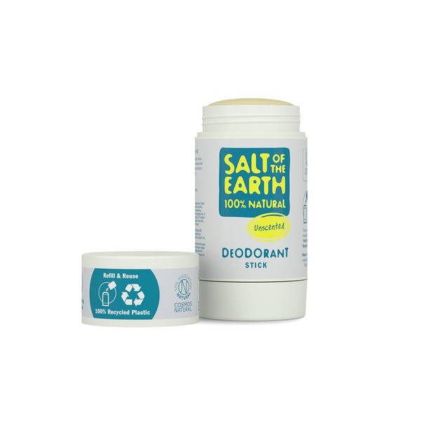 Salt Of the Earth Natural Deodorant Stick, Unscented - Aluminium Free, Vegan, Long Lasting Protection, Refillable, Leaping Bunny Approved, Made in the UK - 84 g