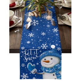 Ldtrchee Blue Christmas Snowman Table Runner - Cotton Linen 48 Inches Long, White Snowflake Xmas Tablerunner Dress Scarves, Let Snow Merry Christmas Table Runner for Dining/Coffee/Baby Shower/Party