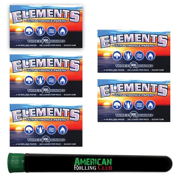 Elements 300's 1 1/4 Ultra Thin Rice Rolling Papers | Includes American Rolling Club Tube (5 Pack)