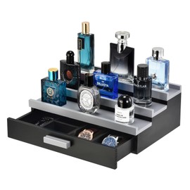 GLOKUUCA Perfume Organizer for Men, 3 Tier Wood Perfume Display Stand with Velvet Lining Drawer and Hidden Compartment for Watch,Jewelry,Perfume Display Risers,A Gift for Men (Black+Gray)