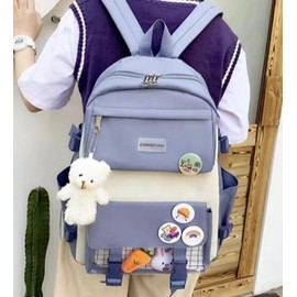 Kawaii 5-piece backpack set, cute school aesthetic schoolbag, youth supplies backpack set and accessories (Blue Schoolbag2, 16.5x 12.2x 5.5 inch)