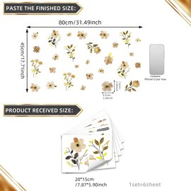 6 Sheet Foil Stamping Flower Wall Decals Beautiful Flora Wall Decals Golden Flower Wall Sticker DIY Art Mural Decor for Home Living Room Bedroom Office