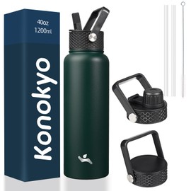 Konokyo 40oz Insulated Water Bottle Stainless Steel Sport Bottles with 3 Lids,Army Green