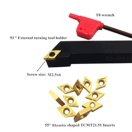 GBJ 93 Degree External Right Hand Turning Holder 1/2" SDJCR 1212H07 with Wrench + 10pcs 55 Degree Diamond Carbide Turning Inserts DCMT21.51 DCMT070204 for Stainless Steel