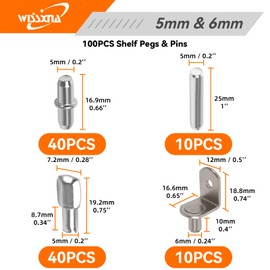 WISSXNA 100Pcs Shelf Pegs for Shelves, 4 Styles Shelf Pins Kitchen Cabinet Shelf Pegs, Nickel Plated Shelf Holders Pegs, Bookshelf Pegs for Shelves, Metal Shelf Support Pegs & Pins (5mm & 6mm)