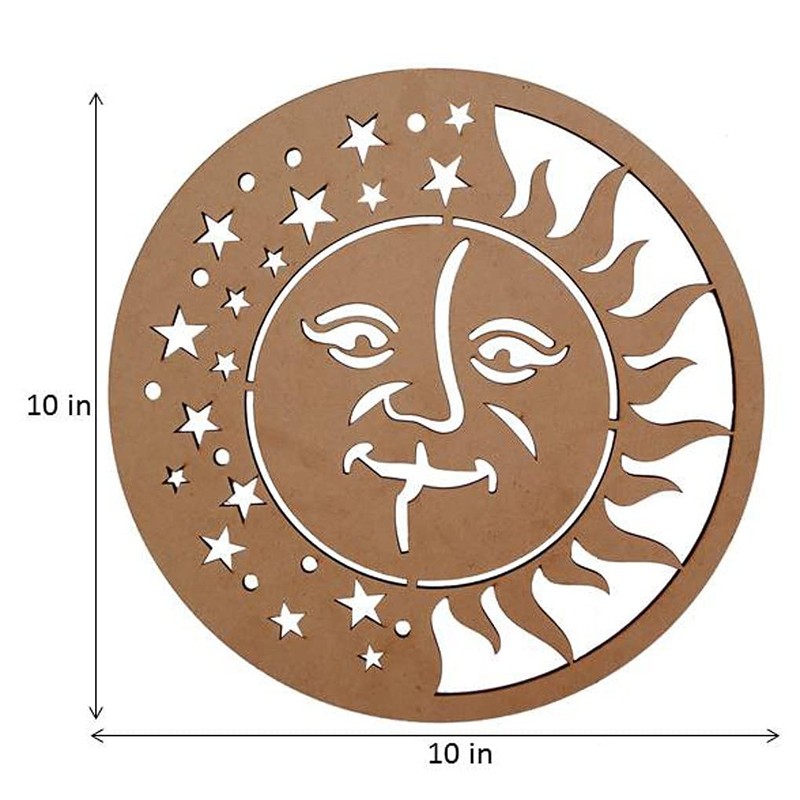 Purpledip Laser Cut Sun Moon Stars Unpainted Wooden Wall Hanging