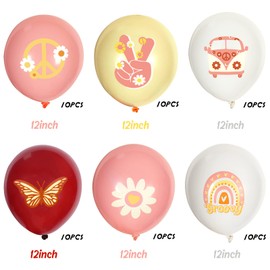 Whaline 60Pcs Groovy Retro Hippie Boho Balloons Groovy Daisy Party Balloons Butterfly Rainbow Bus Peace Sign Latex Balloons for Kids Girls Baby Shower Birthday Party Supplies Backdrop Decor,6 Design