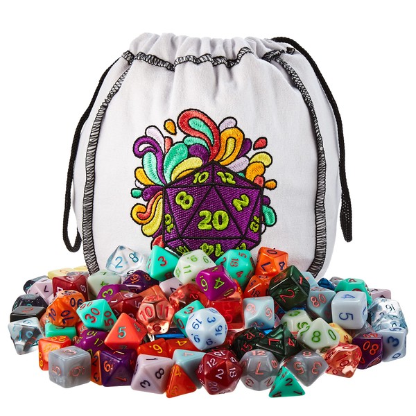 Wiz Dice Bag of Splendor - 140 Polyhedral Dice in 20 Sets - Complete Collection of Series IV Dice in Embroidered Dice Bag - TTRPG Role-Playing Bulk Tabletop RPG Gaming Accessories - D20 D6 D4