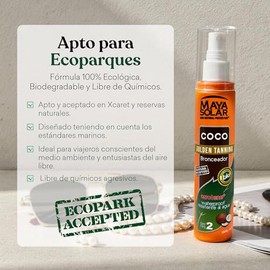 Maya Solar Aceite Bronceador de Coco FPS 2 | 100% Ecológico y Biodegradable | Apto para Ecoparques (Xcaret) | Bronceado Rápido y Natural | No Grasoso y Aroma Tropical