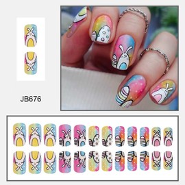 Rabbit Egg Press on Nails Colorful Fake Nails with French Tip Design Glossy Glue on Nails Short Square False Nails Reusable Artificial Acrylic Easter Nail for Women Girls Manicure 24Pcs