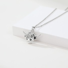 Fryneauy Highland Cow Head Necklace 925 Sterling Silver Pendant Necklace Scottish Cow Jewelry Gifts for Women