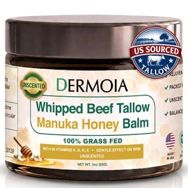 Sarga de carne de res alimentada con pasto sin perfume para piel con miel de manuka – hidratante facial hidratante – Sarga de ternera batida y bálsamo de miel para piel seca y sensible, niños