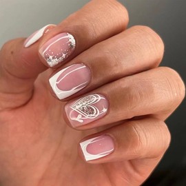 24 Pcs Nude Press on Nails Short Square Fake Nails with Heart & Valentine's Day Design French Tip Square Shape Glue on Nails, Glitter and Cute Press on False Nails for Women Girls Manicure Decoration