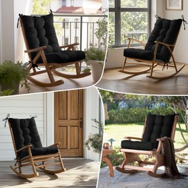 ROFIEJOX Rocking Chair Cushion - Breathable Linen Fabric, High-Density Sponge, Durable Comfort Non-Slip Bottom Tufted Seat Pads with Ties, Linen︱Black