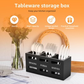 Guniata Wooden Cutlery Holder, 3 Compartments, Kitchen Utensil Holder, Multi-Purpose Utensil Container Wood for Forks, Spoons, Cutters, Black (Black)