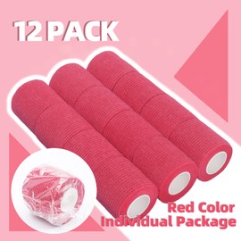 12-Pack Self Adhesive Bandage Wrap 2Inch x 5 Yards, Elastic Athletic Tape, Tattoo Grip, Non Woven Medical for First Aid, Sports, Wrist, Ankle, Vet Wrap for Pets (Red)