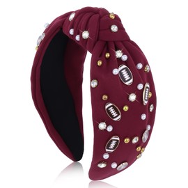BAHABY Football Headbands for Women Crystal Football Embellished Wide Top Knot Headband for Women Game Day Hair Accessories (Burgundy)