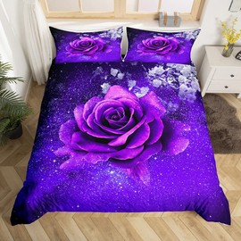Purple Rose Bedding Double Galaxy Flower Bedding Girls Blossom Rose Duvet Cover Set for Ladies Women Teens Flpral Bedding Set Romantic Digitally Printed Luxurious, with 2 Pillowcase