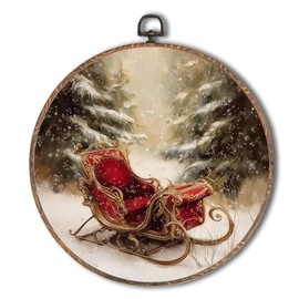 Yorhifa Vintage Christmas Sleigh Framed Wall Art, Christmas Round Wall Art, Rustic Winter Snowy Round Walls Decor, Farmhouse Retro Xmas Sleigh Circle Canvas Artwork Hanging Decor, 10x10in