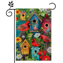 Summer Cardinal Birdhouse Garden Flags, Summer Red Birds Flowers Birdhouse Welcome Flag, Yard Home Decor Garden Flag, 12x18 Inch Vertical Double Sided Burlap, Outdoor Lawn Flag