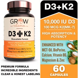 Grow Vitamin Dr. Berg Vitamin D3 & K2 10,000 IU - W/ MCT Oil, Magnesium, Zinc - Strong Bones