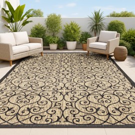 JONATHAN Y Vintage Filigree Indoor Outdoor Area Rug 8X10 Black/Khaki, Madrid Textured Weave for Backyard, Patio, Porch, Easy-Cleaning, High Traffic, Pet-Friendly, Non-Shedding (SMB107A-8)