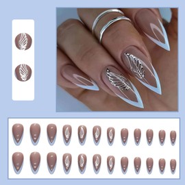 24PCS Short False Nails Almond, French Tip Press on Nails with Wing Designs, Stiletto Glossy Removable Glue-on Nails Fake Nails Set with Glue Stickers, Shiny Full Cover Stick on Nails for Women Girls
