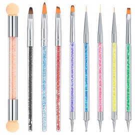 Pack of 9 Nail Art Brushes, Nail Brushes for Nail Art, Nails Dots, Drawing, Painting, Liner, Design, Brushes, Tools for DIY Gel Nails, Nail Design, with 1 x Double Head Sponge Pen