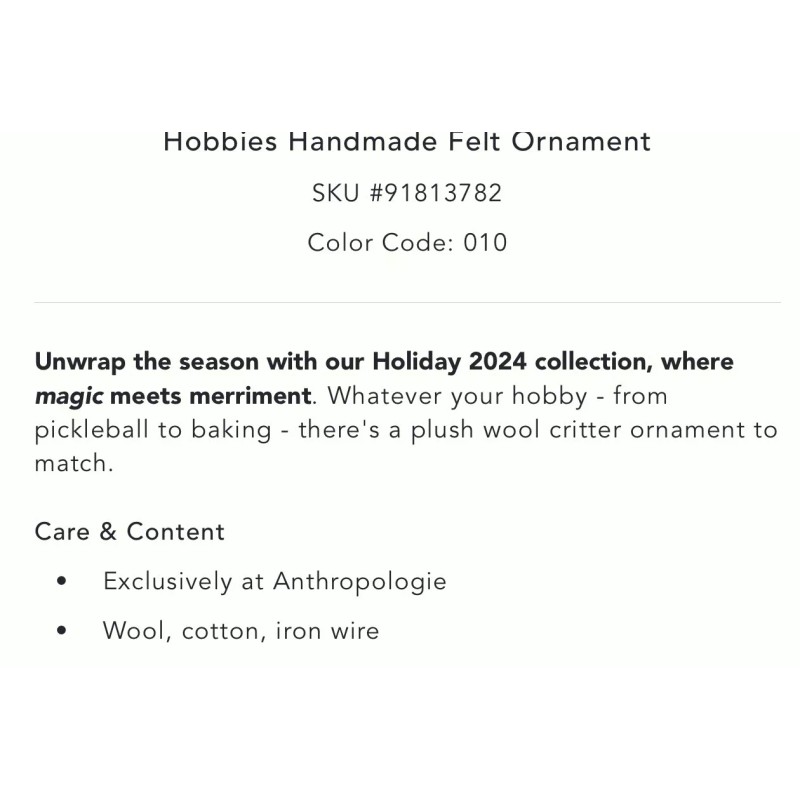 Anthropologie Hobbies Pickleball Ornament Wool Cotton Animal 2024 ~6”
