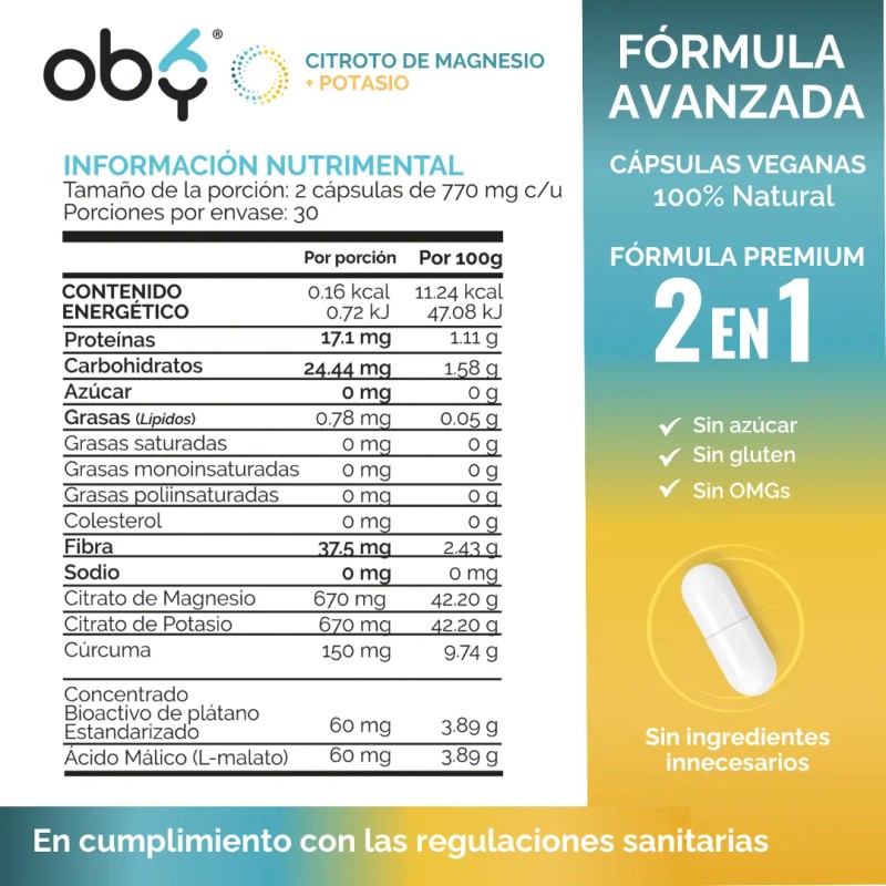 Citrato Magnesio + Citrato Potasio 60 Caps Oby