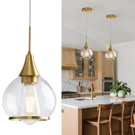 HAHZT Pendant Light Fixtures Kitchen: Brushed Gold Farmhouse Island Light with Clear Glass - 6 Inch Mid Century Globe Kitchen Lighting Chandeliers Ceiling for Dining Room