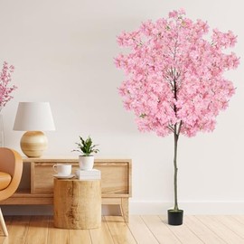 Árbol artificial de flor de cerezo de 6 pies de alto, árbol de cerezo rosa falso, planta decorativa realista en maceta para interiores/exteriores, Navidad, jardín, decoración de oficina en casa