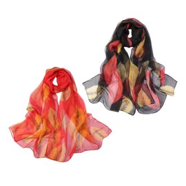 DHSBGWSX 2 Pieces Chiffon Scarf Leaf Print Fashion Chiffon Scarf for Women Soft Silk Scarf Elegant Retro Silk Scarf Clothes Matching Scarf, red, black