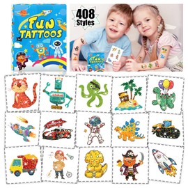Partywind 408 Glitter Styles Temporary Tattoos for Boys Girls, 68 Sheets Fake Tattoo Stickers for Kids Birthday Party Supplies Favors, Surprise Goodie Bag Stuffers Prizes for Boys Girls