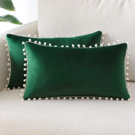 Sungeek Pack of 2 Decorative Cushion Covers Soft Velvet Pompoms Pillow Covers with Invisible Zipper Home Decor Throw Pillow Cases for Sofa Bedroom Living Room 30x50cm Dark Green
