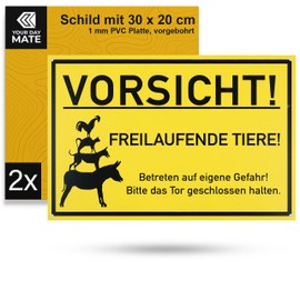 Safety Sign "Vorsicht! FREIlaufende Tier!" Pack of 2 30 x 20 cm 1mm PVC Sign with Drilled Holes Caution Pets Signs Notice Animals Garden Keep Gate Closed Warning Sign Entry Sign