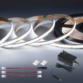 Nicelux COB LED Light Strip Cold White 6000K Sun Light DC12V 5 Meters/16.4 FT Long 8MM/ 0.32 Inch Wide Dimmable for Indoor Under Cabinet Kitchen Bed Car Bedroom Wardrobe Closet