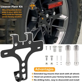 License Plate Relocation Kit for Jeep Wrangler JL JLU 2018-2024, Rear Spare Tire Mount License Plate Relocator Bracket with Plate Illuminate LED Light Wiring Harness & Connectors