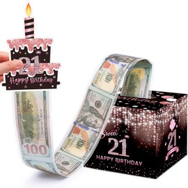 Meiidoshine Sweet 21st Birthday Money Box for Cash Gift, Surprise Pull Out Money Gift Box with 100Pcs Transparent Bags - Fun Ways to Give Cash as A 21st Birthday Gift for Girls