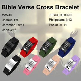 Bible Verse Cross Bracelet for Women Men, Christian WWJD Jesus is King Jewelry Gift Adjustable Bracelet Purple Joshua 1:9