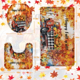 Arttown Fall Pumpkin Truck Bathroom Rug Set of 3,Autumn Maple Leaves Buffalo Plaid 3 Pieces Bath Mats Set, No Silp Washable Cover Floor Rug Decorations for Kitchen Bathroom