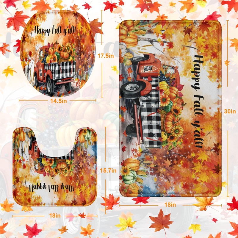 Arttown Fall Pumpkin Truck Bathroom Rug Set of 3,Autumn Maple