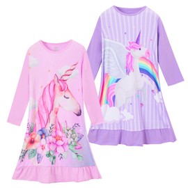 ZEBZOO Nightgowns for Girls Unicorn Dress Toddler Kids Pajamas Long Sleeve Night Gown(2-Pack,8-9 Years)