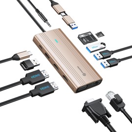 PHIXERO Displaylink Dock, estación de acoplamiento 12 en 1, monitor dual 4K a 60HZ para MacBook, Windows, estación de acoplamiento USB C con 2 HDMI y 2 DisplayPort, 100W PD, 3 USB 3.2 [10 Gbps], Ethernet, audio