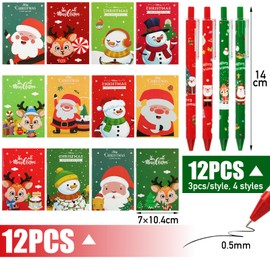 BOOMTOP 12 x Christmas Ballpoint Pens 12 x Christmas Mini Notepads 0.5 mm Retractable Ballpoint Pen Bag Notebook Christmas Gift Advent Calendar Filling Ideas Small Items Party Gift
