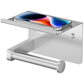 FORIOUS Toilet Paper Holder with Shelf, Adhesive or Screw Wall Mount Toilet Roll Holder for Bathroom, Rustproof 304 Stainless Steel Commercial Toilet Tissue Holder with Storage, Brushed Nickel