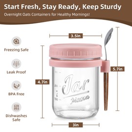 LANDNEOO 6 Pack Overnight Oats Containers with Lids and Spoons, 16 oz Glass Mason Overnight Oats Jars, Large Capacity Airtight Jars for Milk, Cereal, Fruit(Pink)