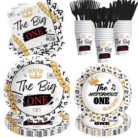 FVABO The Big One Birthday Decorations Tableware for Kids, Notorious 90's Hip Hop 1st Birthday Party Supplies, Disposable Paper Plates, Napkins, Cups, Cutlery, Serves 24