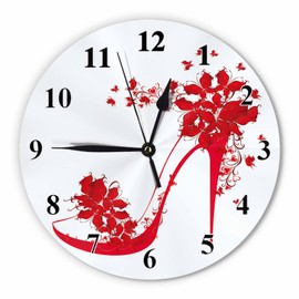 Orythyra Red Shoes High Heel Round Wall Clock 10 Inch Decorated with Butterflies Silent Non Ticking Battery Operated Classic Quartz Clock Art Decorative Living Room Classroom Bedroom Office