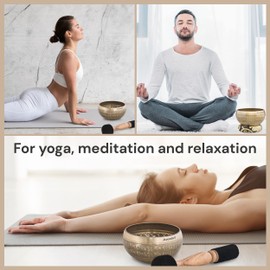 Tibetan Singing Bowl Set Om for Yoga, Meditation and Relaxation - Hand-Painted Tibetan Singing Bowl Ø 10 cm, Double Beater with Felt and Leather, Ring Cushion, Bag and Instructions